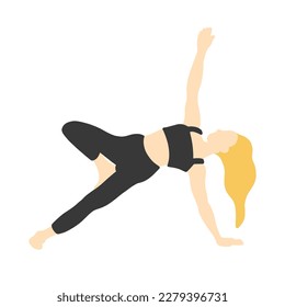 Flexibility yoga poses collection. European female, lady, woman, girl. Long blonde hair. Black tracksuit. Pilates, training. Vector illustration in cartoon flat style isolated on white background.