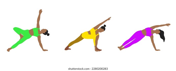 Flexibility yoga poses collection. European, African, Asian female, lady, woman, girl. Pilates, mental health, training, gym. Vector illustration in cartoon flat style isolated on white background.