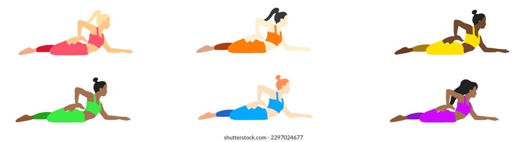 Flexibility yoga poses collection. European, African, Asian female, lady, woman, girl. Pilates, mental health, training, gym. Vector illustration in cartoon flat style isolated on white background.