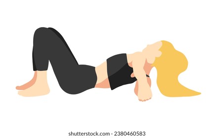 Flexibility yoga poses collection. European female, lady, woman, girl. Long blonde hair. Black tracksuit. Pilates, training. Vector illustration in cartoon flat style isolated on white background.
