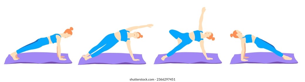 Flexibility yoga poses collection. Mats. Red hair female, lady, woman, girl. Meditation, pilates, mental health, training, gym. Vector illustration in cartoon flat style isolated on white background.