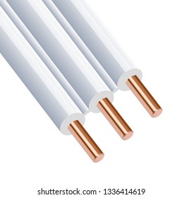 Flexible 3-wire electrical copper cable isolated on white background. Copper multicore cable with double color insulation. Close-up of the cross section. Power wire. Vector illustration 10 eps.