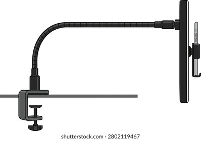 A flexible arm stand securely holds a smartphone on a desk for convenient handsfree viewing