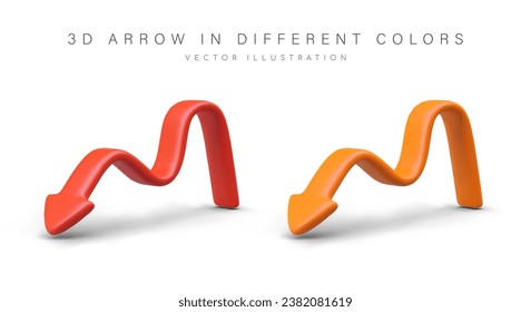 Flexible arrows in plasticine style. Set of colored vector images. Downward movement, decline, weakening. Red and orange direction sign. Illustrations on white background