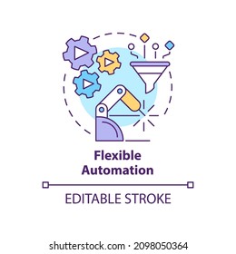 Icono de concepto de automatización flexible. Ilustración de línea delgada de ideas abstractas de automatización extendida programable. Dibujo de contorno aislado. Trazo editable. Fuentes Roboto-Medium, Myriad Pro-Bold utilizadas