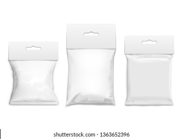 Flexible bag of Foil. Food snack pillow Realistic package. Polyethylene packing of goods. Mock up for brand template. vector illustration.