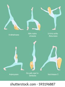 Flexible blonde woman yoga set in different poses and postures on green background isolated vector illustration