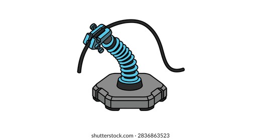 A flexible blue robotic arm or mount with a clamp holding a black cable, set on a sturdy gray hexagonal base against a white background.