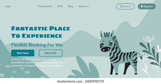 Flexible booking to wildlife park or zoo, fantastic place to experience. Zebra in habitat with flora and fauna of the region. Website landing page, internet site template. Vector in flat style