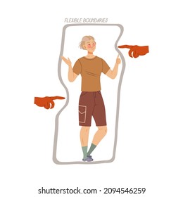 Flexible Boundaries. Boy Standing Inside Rectangular Shape Boundaries. Personal Space Concept Cartoon Vector Illustration