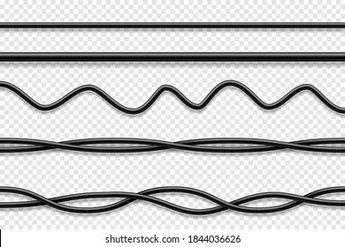 Flexible cables collection. Black electrical wire. Realistic power or network cable. Vector illustration.