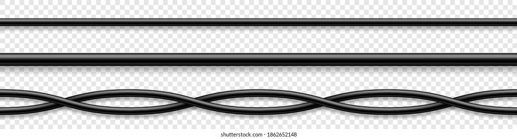 Flexible cables collection. Black electrical wire. Realistic power or network cable. Vector illustration.