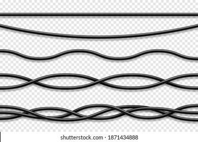Flexible cables collection. Black electrical wire. Realistic power or network cable. Vector illustration.