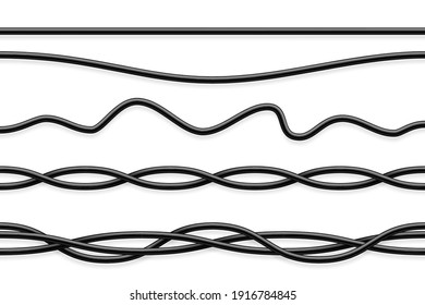 Flexible cables collection. Black electrical wire. Realistic power or network cable. Vector illustration.