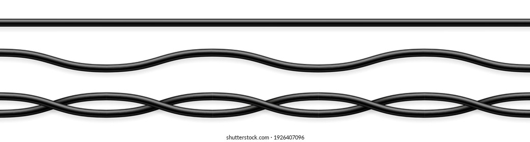 Flexible cables collection. Black electrical wire. Realistic power or network cable. Vector illustration.