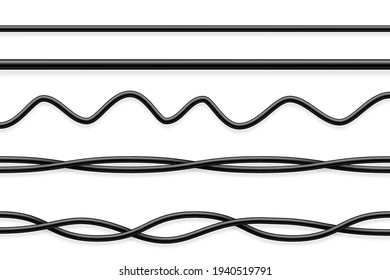 Flexible cables collection. Black electrical wire. Realistic power or network cable. Vector illustration.