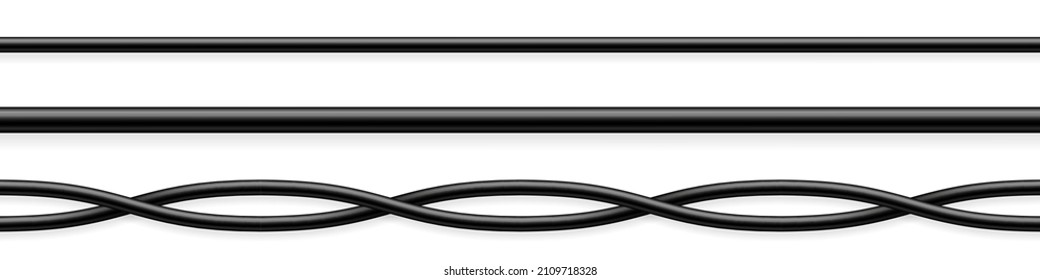 Flexible cables collection. Black electrical wire. Realistic power or network cable. Vector illustration.