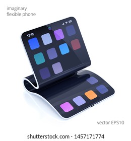 Flexible cell phone. 3d realistic vector image. Imaginary design. Original smartphone with a bendable display and slim elastic case. Abstract interface. Conceptual tablet is folded into demo position