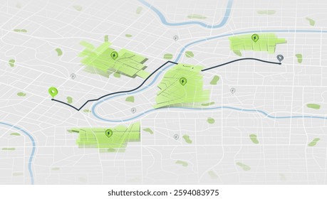 Flexible charging solutions, public charging for electric vehicles. Public charging stations available along route. Select the most convenient route to drive back home. Vector illustration