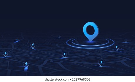 Flexible charging solutions, public charging stations available nearby. Select the most convenient route to drive. City map with charging stations icon available. Vector illustration