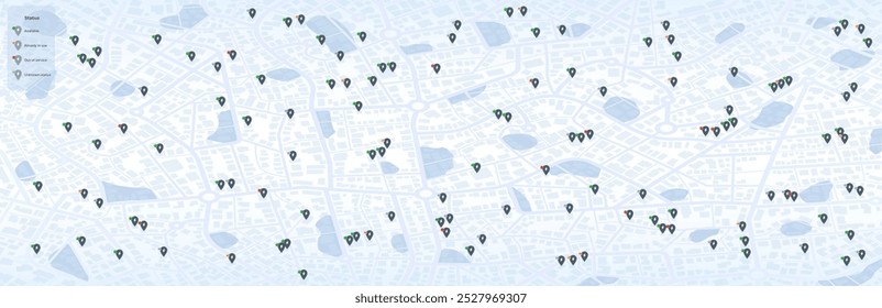 Flexible charging solutions, public charging stations available nearby. Select the most convenient route to drive. City map with charging stations icon available. Vector illustration