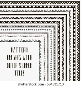 Flexible, color adjustable, easy to reshape and resize seamless pattern brushes collection. With outer and inner tiles corners. Vector Illustration. Hand-drawn Tribal Style