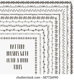 Flexible, color adjustable, easy to reshape and resize seamless pattern brushes collection. With outer and inner tiles corners. Vector Illustration. Hand-drawn Doodle Style