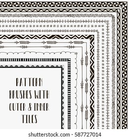 Flexible, color adjustable, easy to reshape and resize seamless pattern brushes collection. With outer and inner tiles corners. Vector Illustration. Hand-drawn Tribal Style
