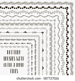 Flexible, color adjustable, easy to reshape and resize seamless pattern brushes collection. With outer and inner tiles corners. Vector Illustration. Hand-drawn Doodle Style