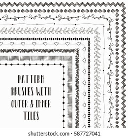 Flexible, color adjustable, easy to reshape and resize seamless pattern brushes collection. With outer and inner tiles corners. Vector Illustration. Hand-drawn Doodle Style