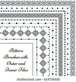 Flexible, color adjustable, easy to reshape and resize seamless pattern brushes collection. With outer and inner tiles corners. Vector Illustration.