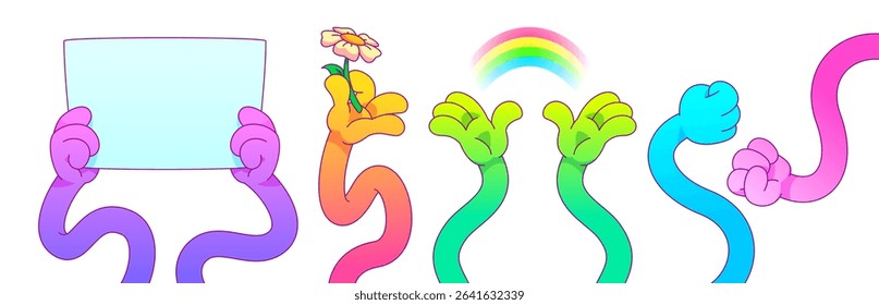 Flexible colorful cartoon hands showing gestures and holding objects - empty placard and flower, making rainbow and playing rock paper scissors game with keeping fists. Stretchy bendy rubber arms