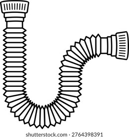 Flexible corrugated drain pipe and plastic trap for kitchen or bathroom sink waste systems. Vector outline icon.