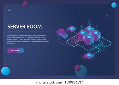 Flexible design website or landing page template. Minimal modern high technology concept for data center with server room or hosting. Isometric vector illustration.(Eps-10)
