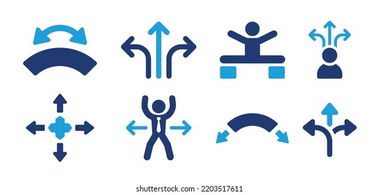 Flexible and elastic icon set. Containing arrow with flexibility, person stretching exercises and pliable icons. Vector illustration.