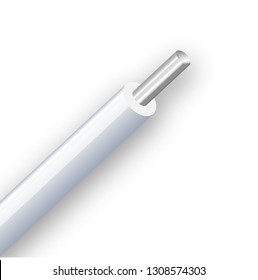 Flexible electric, aluminum cable isolated on white background. cable with white color insulation. Close-up section. Power wire. Vector illustration 10 eps