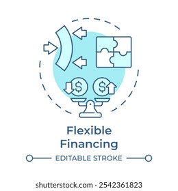 Flexible financing soft blue concept icon. Benefits of factoring. Adaptable solutions. Scales with dollar signs. Round shape line illustration. Abstract idea. Graphic design. Easy to use in article