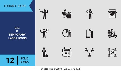 Flexible gig labor solid icons highlighting temporary contract work, freelance job opportunities, shift scheduling, on demand staffing, and mobile hiring symbols.
