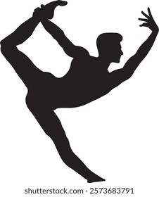 A flexible gymnast silhouette performing a needle scale, balancing on one leg with the other leg extended vertically upward, creating a perfect line, with a subtle gradient backdrop."