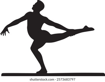 A flexible gymnast silhouette performing a needle scale, balancing on one leg with the other leg extended vertically upward, creating a perfect line, with a subtle gradient backdrop."