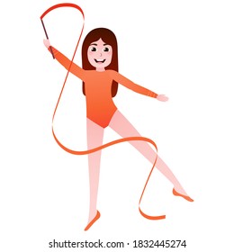 Flexible gymnasts training with ribbbon in gym, proffesional girl doing atletics exersices, preparing for competitio, fitness pose in cartoon style, afterschool activity, aerobic perfomance