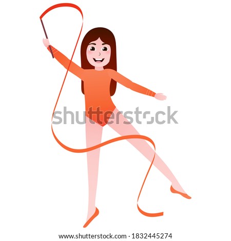 Flexible gymnasts training with ribbbon in gym, proffesional girl doing atletics exersices, preparing for competitio, fitness pose in cartoon style, afterschool activity, aerobic perfomance