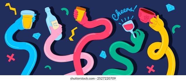 Manos flexibles aplauden. Dibujos animados de mano larga estirada sostener la bebida taza de café botella de vidrio de vino, brazos elásticos con bebidas fiesta celebración, Ilustración vectorial ordenada obra de arte original