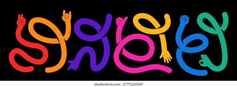 Flexible hands with gestures vector illustration. High five, rock on, peace, fist signs with long bendy curly arms. Bright flat cartoon modern style isolated on black background.
