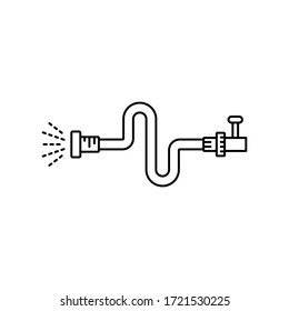 Flexible hose connected to tap with jet of water. Linear icon of irrigation. Black simple illustration of bent pipe with water leakage. Contour isolated vector image on white background