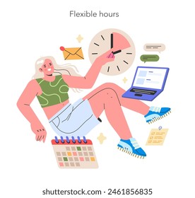 Flexible Hours illustration Cheerful professional manages time efficiently with digital tools in a relaxed, home-based environment Vector illustration