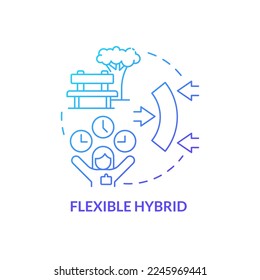 Flexible hybrid blue gradient concept icon. Comfortable schedule for employee. Combined work model abstract idea thin line illustration. Isolated outline drawing. Myriad Pro-Bold font used