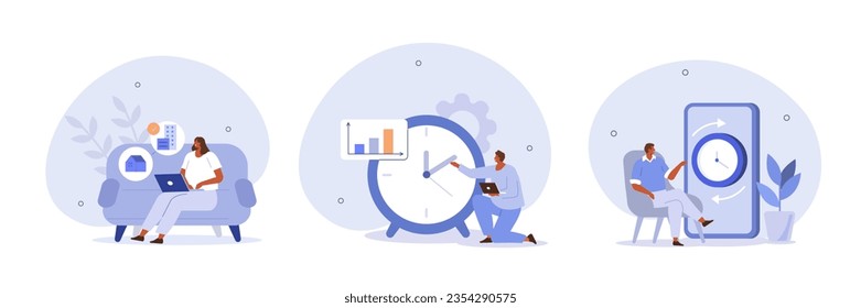 Flexible and hybrid working hours concept illustrations set. Collections of characters working on part and full time job positions or freelance at home. Vector illustration