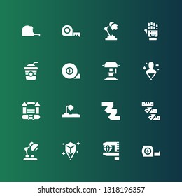 flexible icon set. Collection of 16 filled flexible icons included Measuring tape, Measurement, Hologram, Desk lamp, Bouncy castle, Straw, Exoskeleton