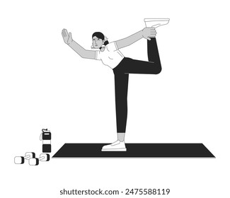 Flexible indian woman doing yoga black and white 2D line cartoon character. South asian lady exercising on mat isolated vector outline person. Healthy activity monochromatic flat spot illustration